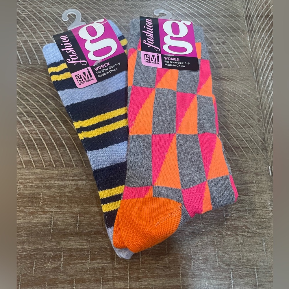 Gold medal fashion socks, S 5-9, brand new, gray/orange/pink, blue, gray/yellow